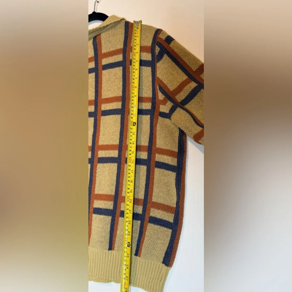 Vintage Grandpa Style Cardigan Sweater Beige Blue Rust Grid Button Front-XL